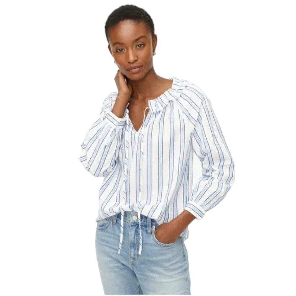J. Crew Tie Ruffle Neck Blue White Stripe CottonTop